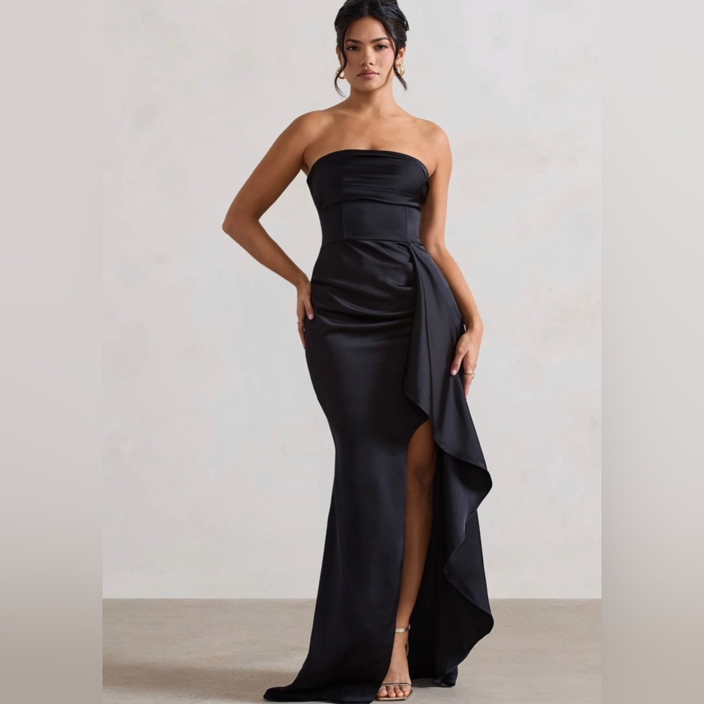 BLACK SATIN BANDEAU SPLIT MAXI DRESS WITH RUFFLE DRAPE